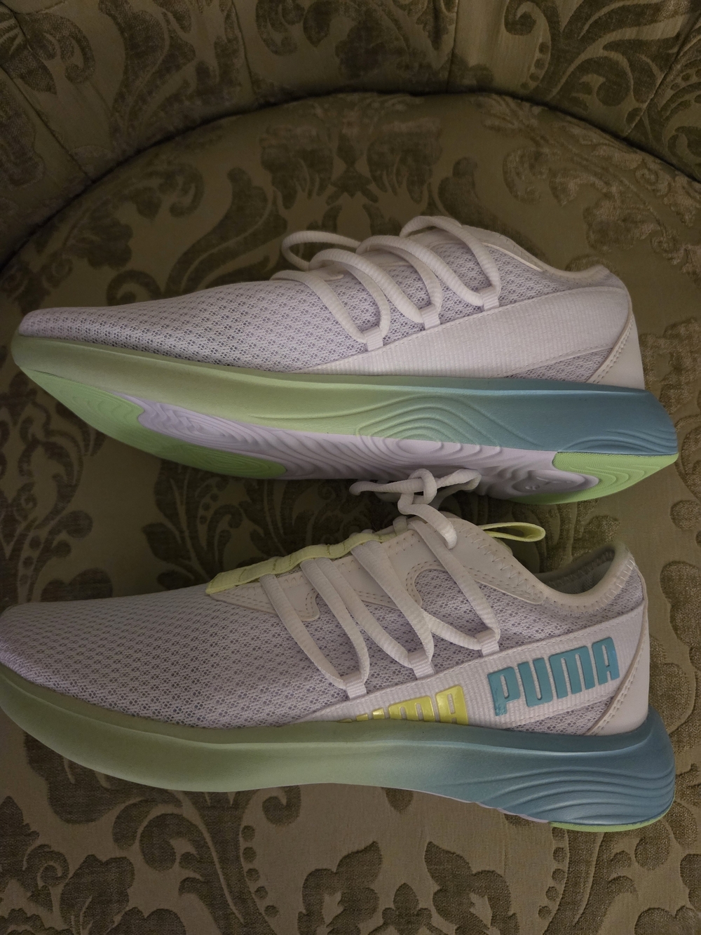 Puma White Mesh Sneakers with Aqua & Lime Gradient Sole NWOT